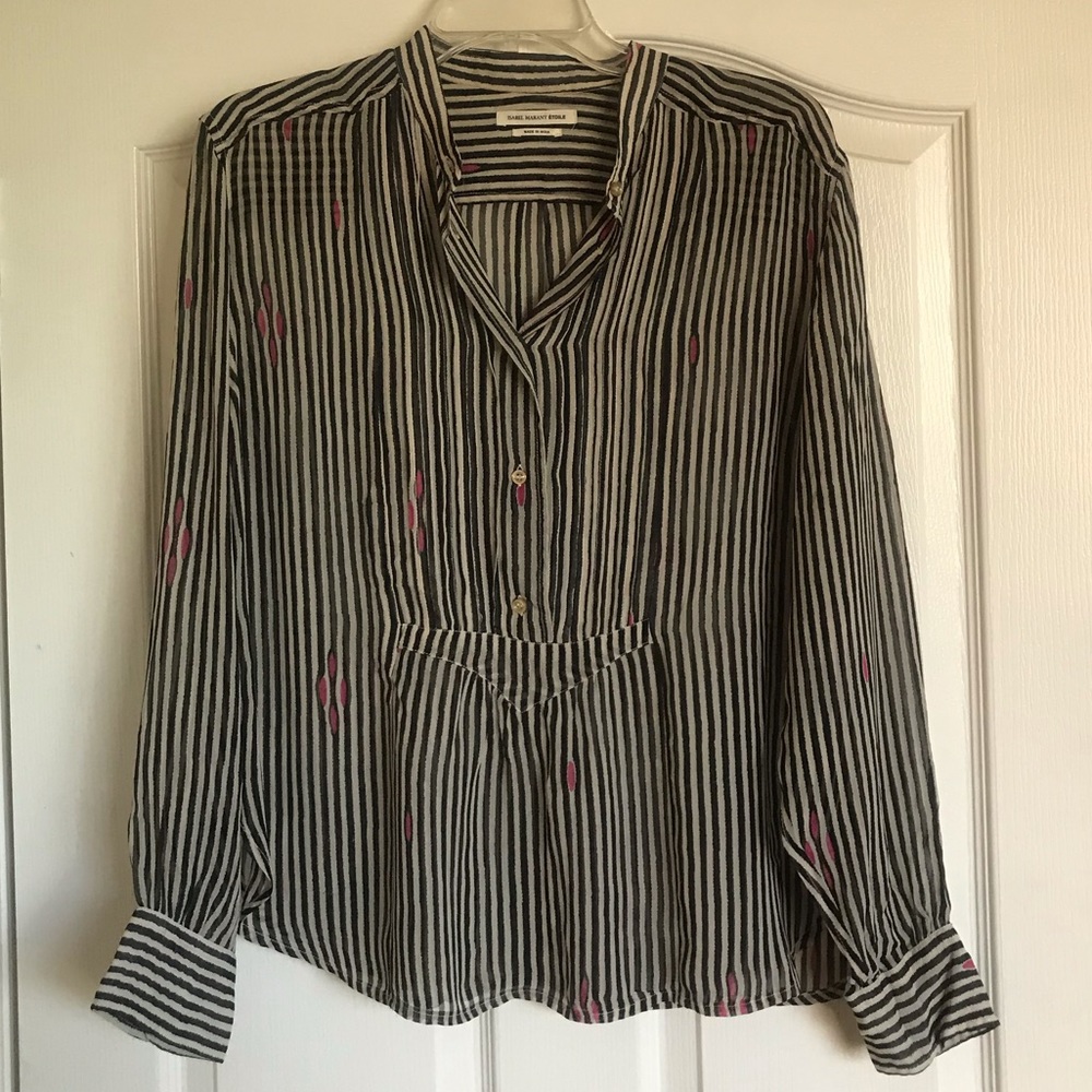 Isabel Marant Black and White Striped Blouse with Pink Accents